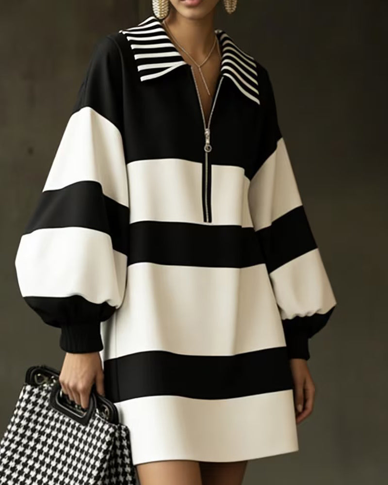 Robe Manche Lanterne Rayée Revers Fermeture Éclair