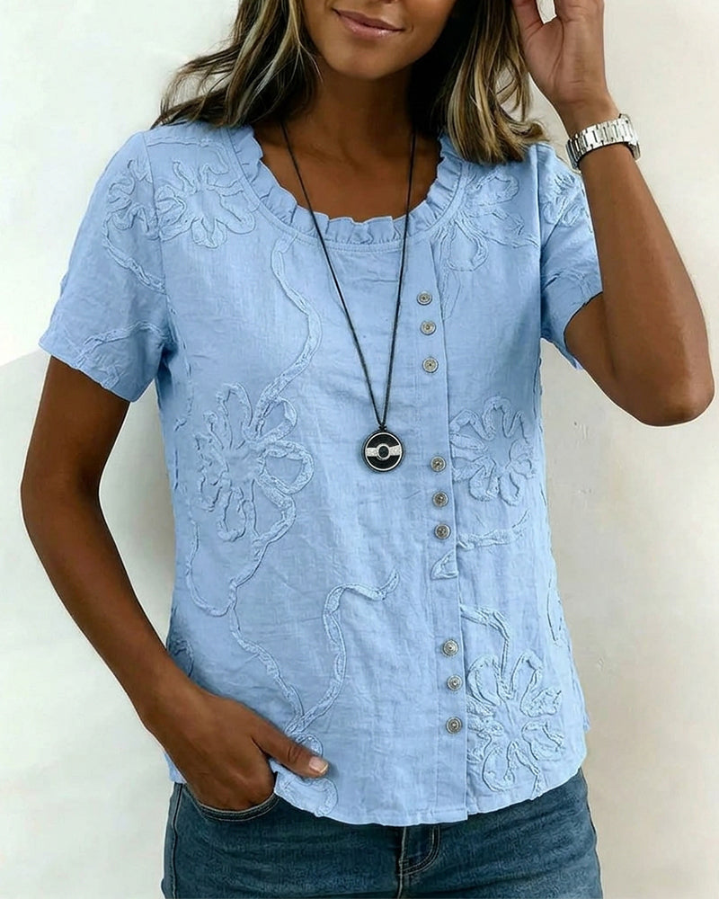 Blouse Texturée Fleurie Bouton Latéral