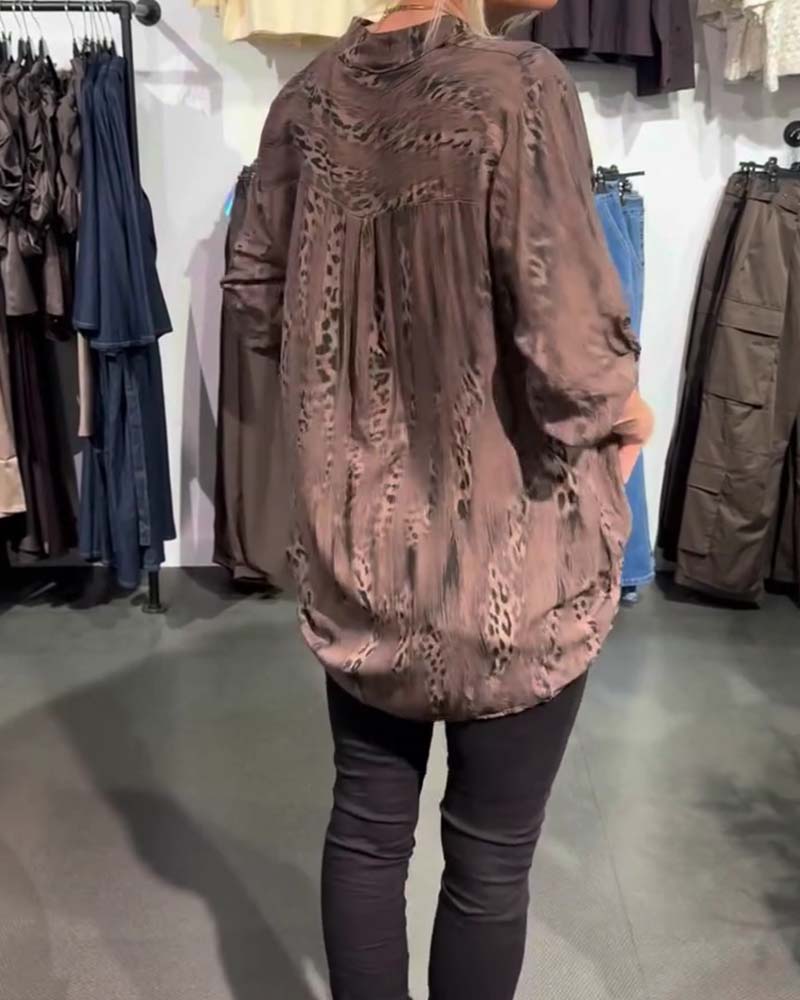 Blouse Col En V Bouton Devant Léopard Imprimé Décontractée