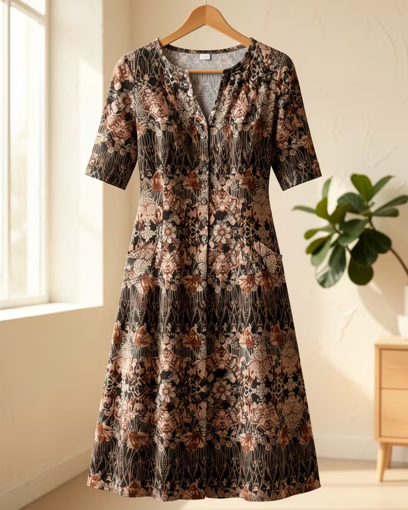 Robe Col V Imprimé Patchwork Demi‑manche