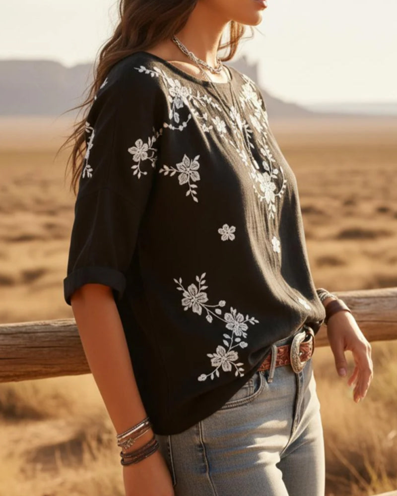 Blouse Col Rond Épaule Tombante Lâche Fleurie