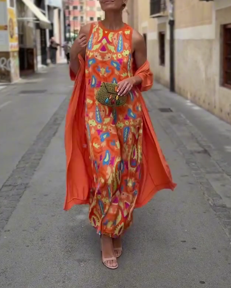 Ensemble Robe Longue Sans Manches Avec Long Cardigan