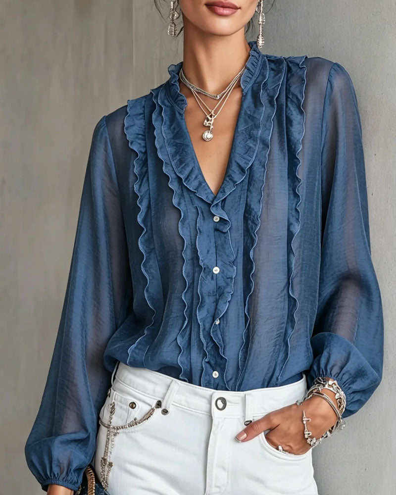 Blouse Col V Bouton Volant