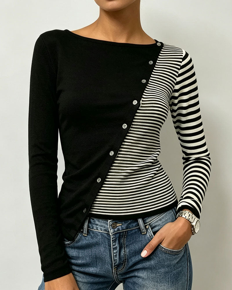 T-Shirt Contraste Rayé Bouton Patchwork
