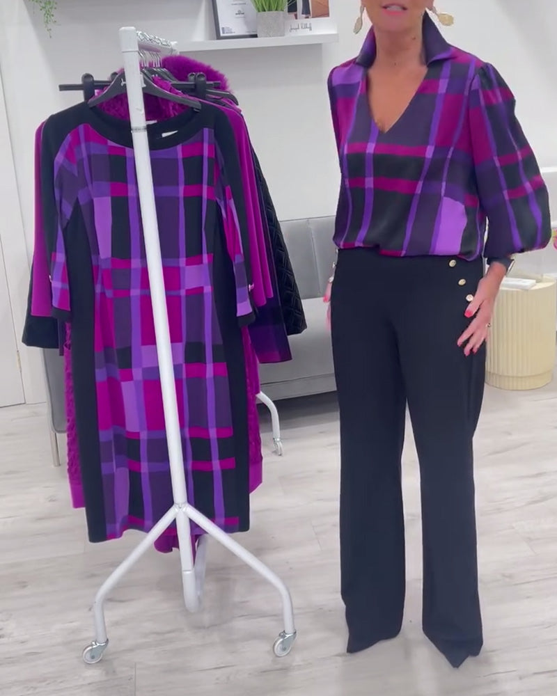 Blouse large à carreaux col V et revers