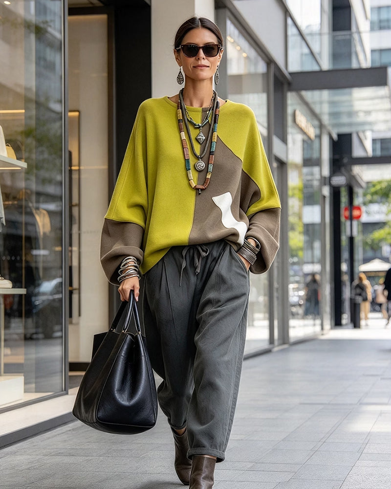 Haut Col Rond Manche Raglan Bloc De Couleur