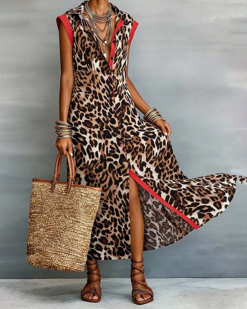 Robe Revers Léopard Imprimé Contraste Maxi