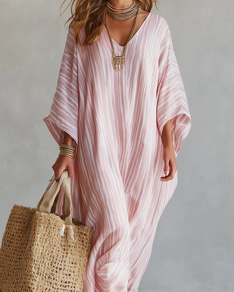 Robe Col V Rayée Décontractée