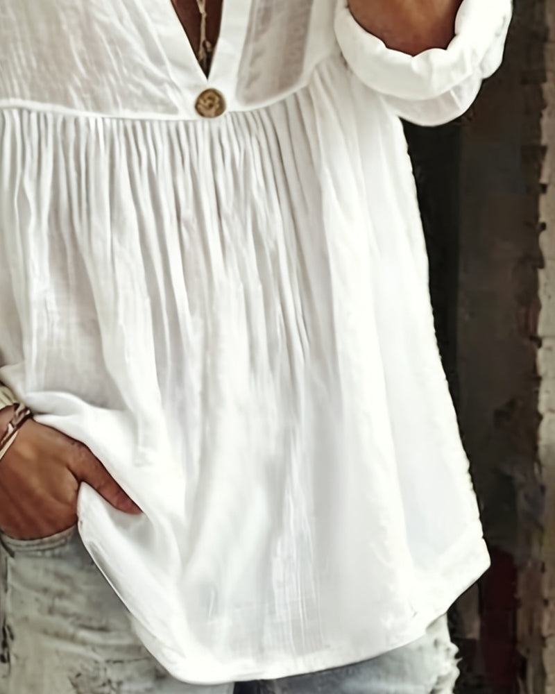 Blouse Encolure V Demi Patte De Boutonnage Manche Longue