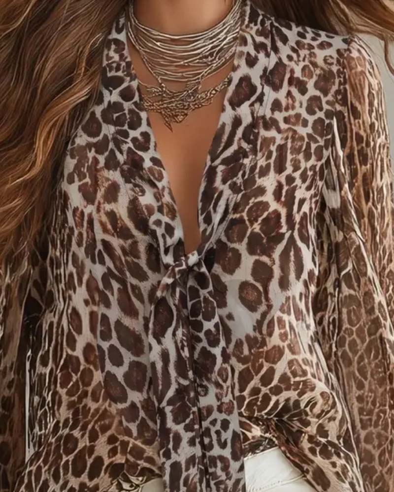Chemise Col‑v Léopard Transparent Manches‑longues