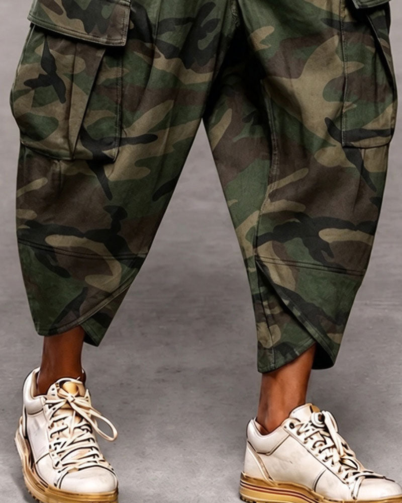 Pantalon Camouflage Multi-Bouton Taille Haute Mode