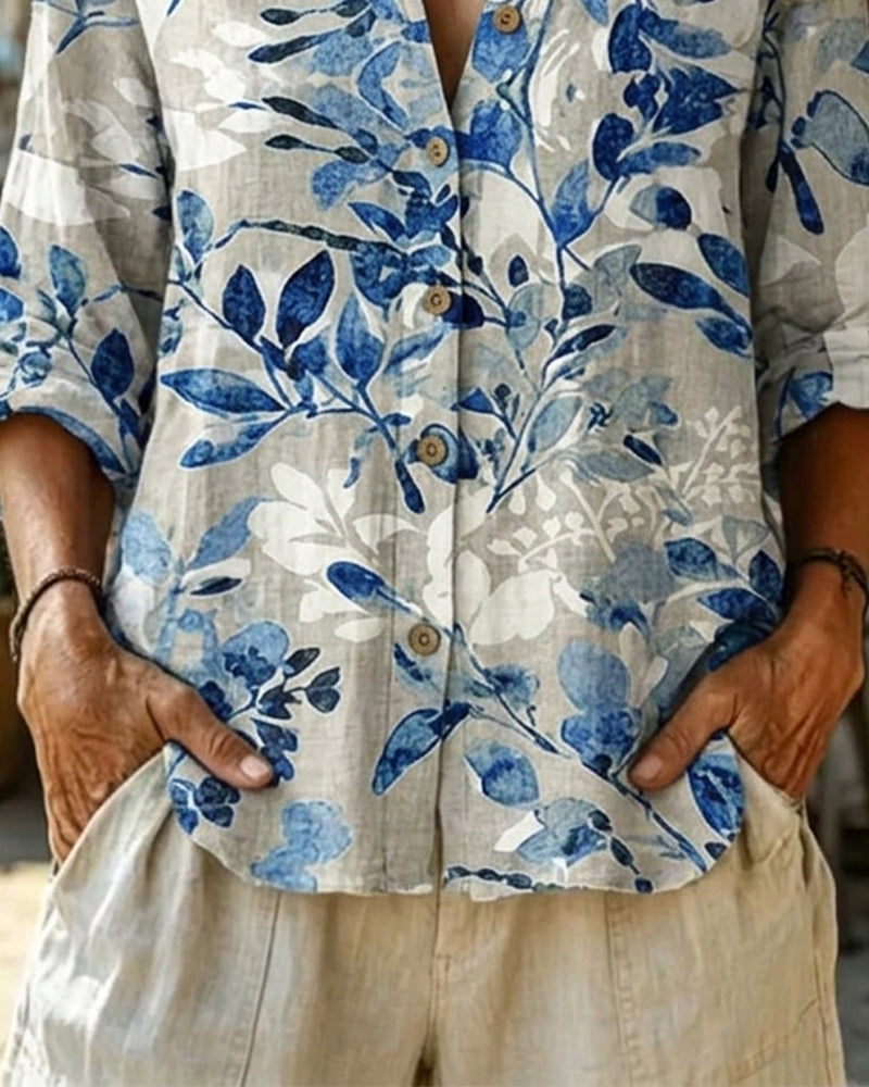 Blouse Col Montant Peinture À L'Encre Fleurie