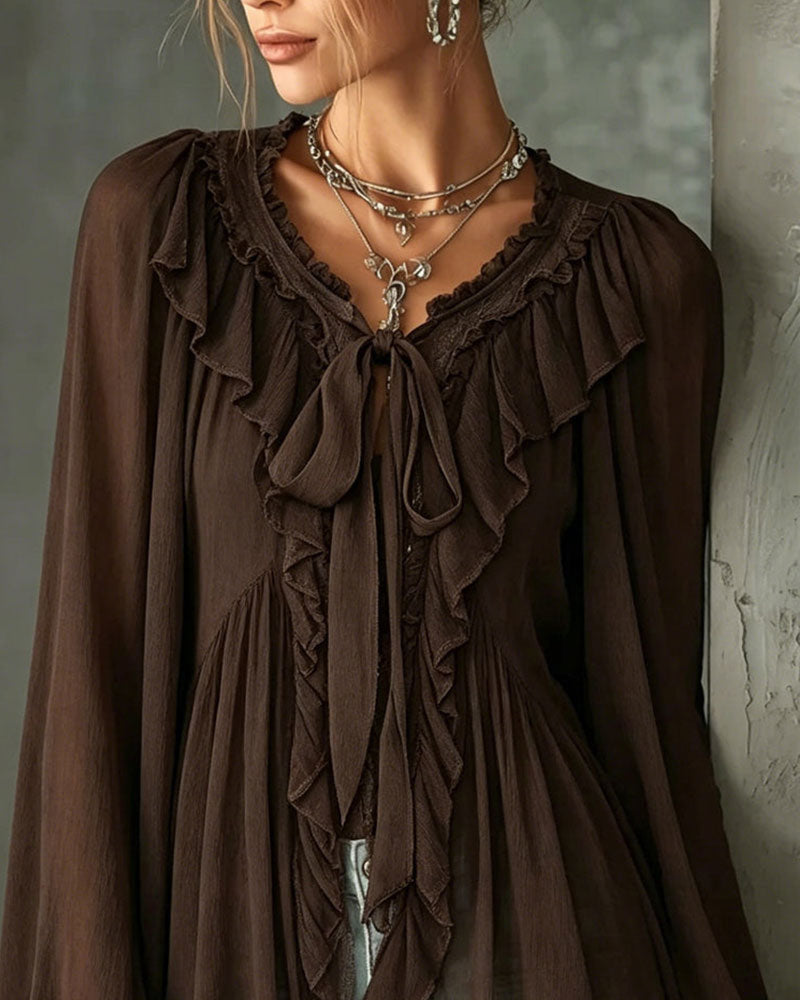 Blouse À Volants Col En V Cravate