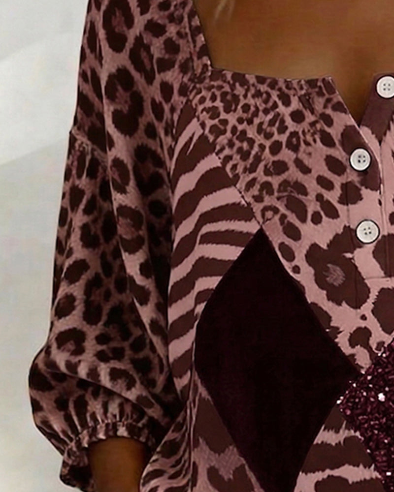 Chemisier Col Carré Imprimé Léopard Patchwork Sequins