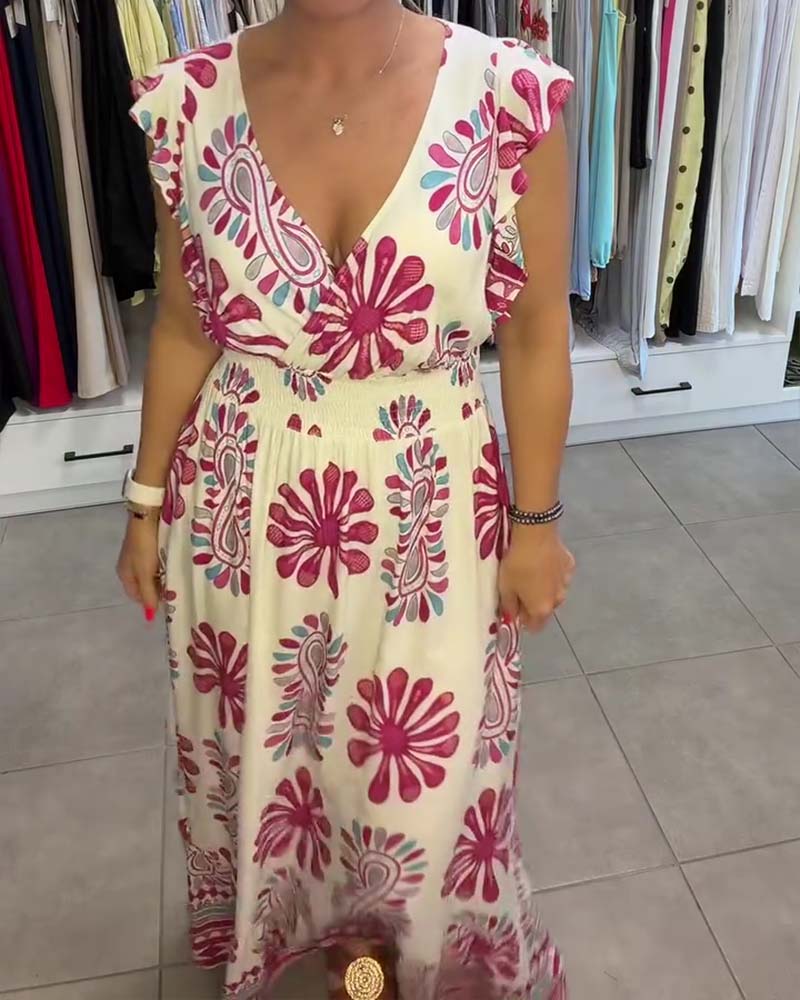 Robe Floral Taille-Serrée Manche-Volant Vacances Maxi