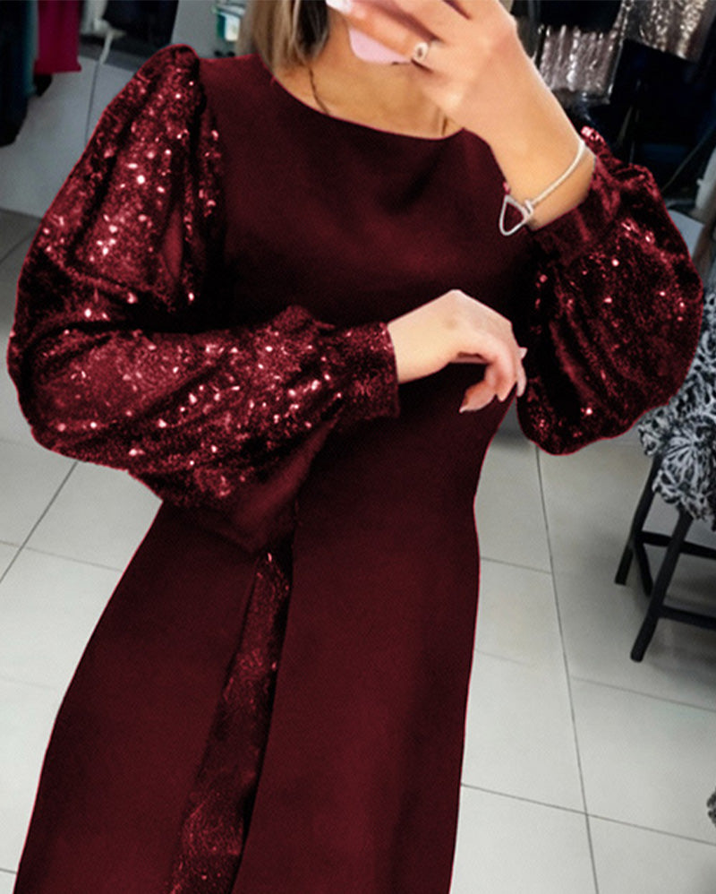 Robe Élégante À Manches Ballon Et Détails Patchwork