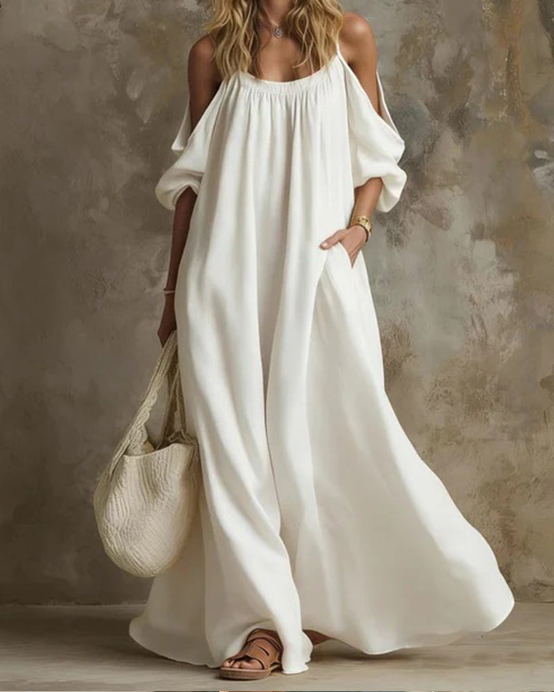 Robe Bretelles Hors Épaule Jupe Ample Unie Poche