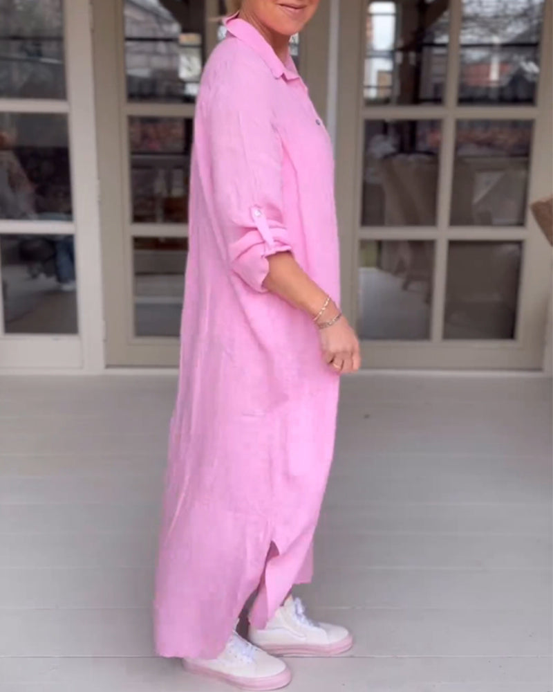 Robe décontractée à revers boutonnés de couleur unie