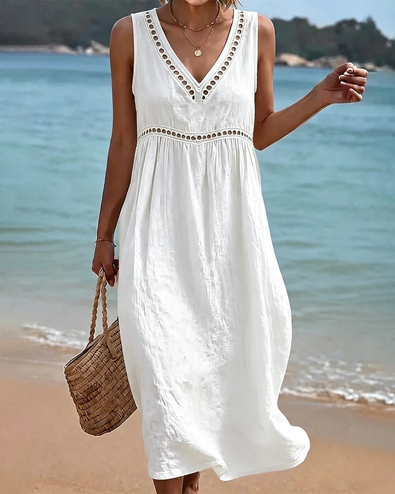 Robe Col V Découpe Sans Manches Unie