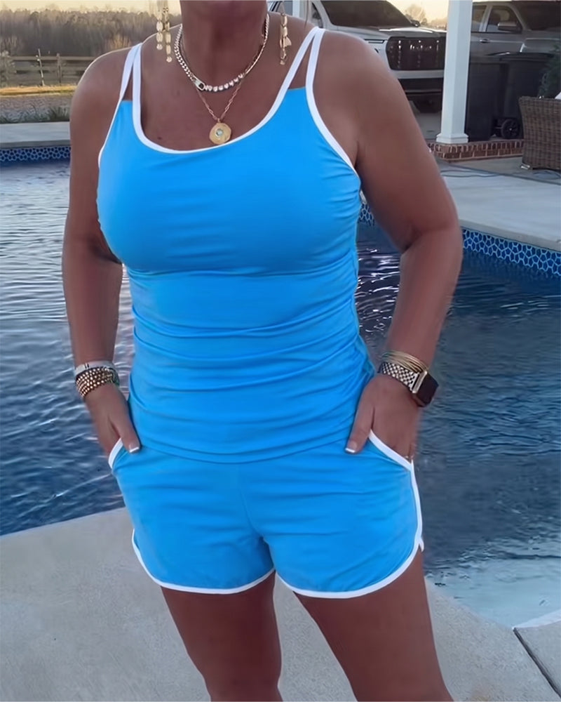 Tankini Avec Contraste De Couleur Passepoil Appliqué