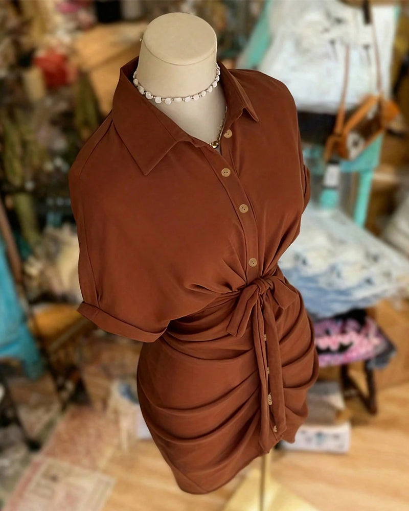 Robe Attacher Bouton Plissé Col Chemise