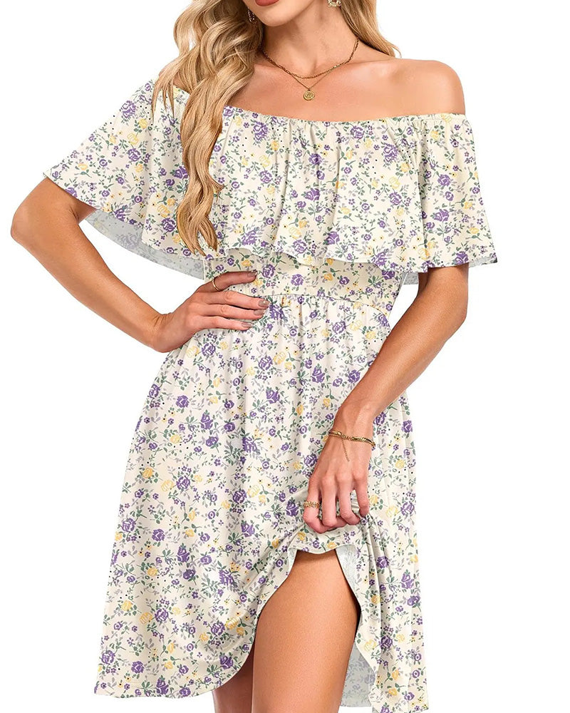 Robe Florale Épaules Dénudées Midi