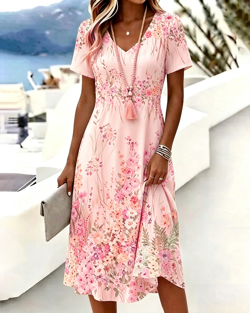 Robe Col V Florale Manche Courte A-Ligne