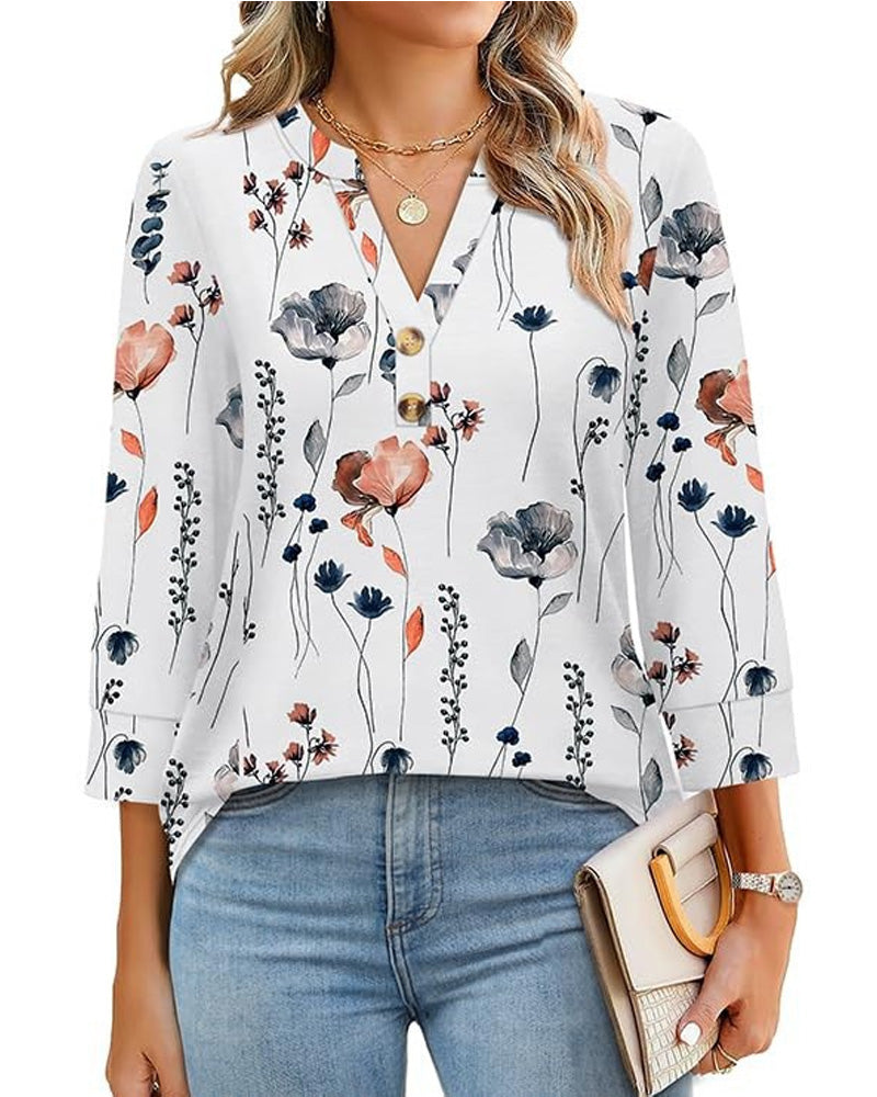 Blouse Col En V Boutonnée Manches Trois-Quarts