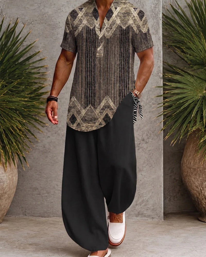 Blouse Col En V Rayé Homme Manches Courtes
