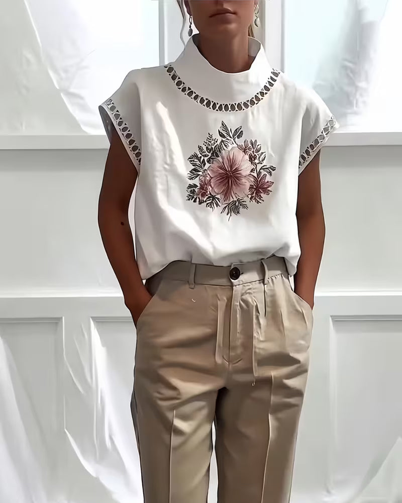 T-Shirt Col Roulé Demi Sans Manches Évidé