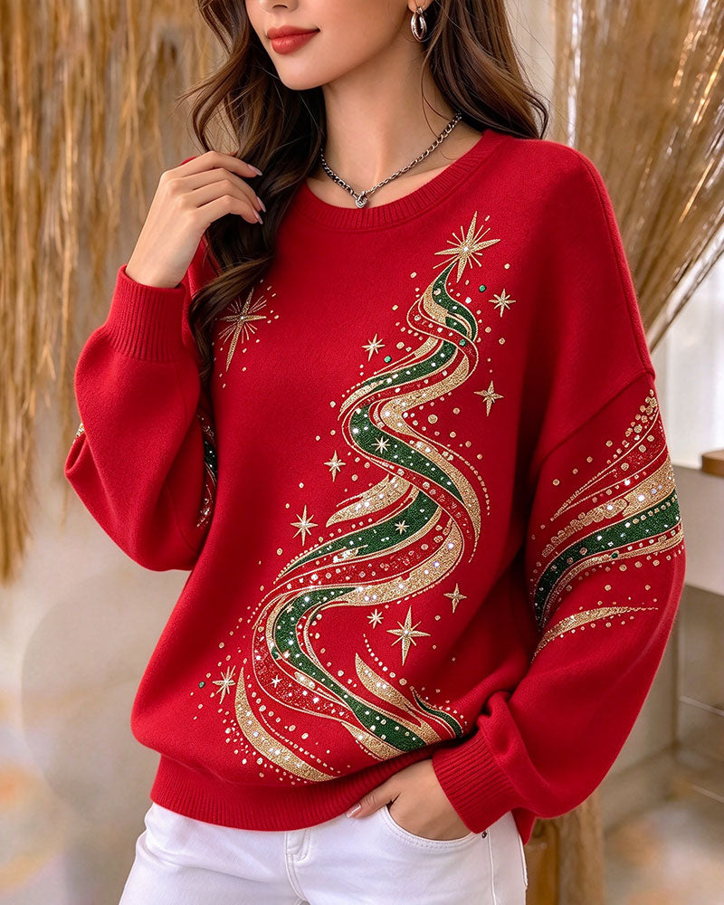 Sweatshirt Sapin De Noël Imprimé Manches Longues Lâche
