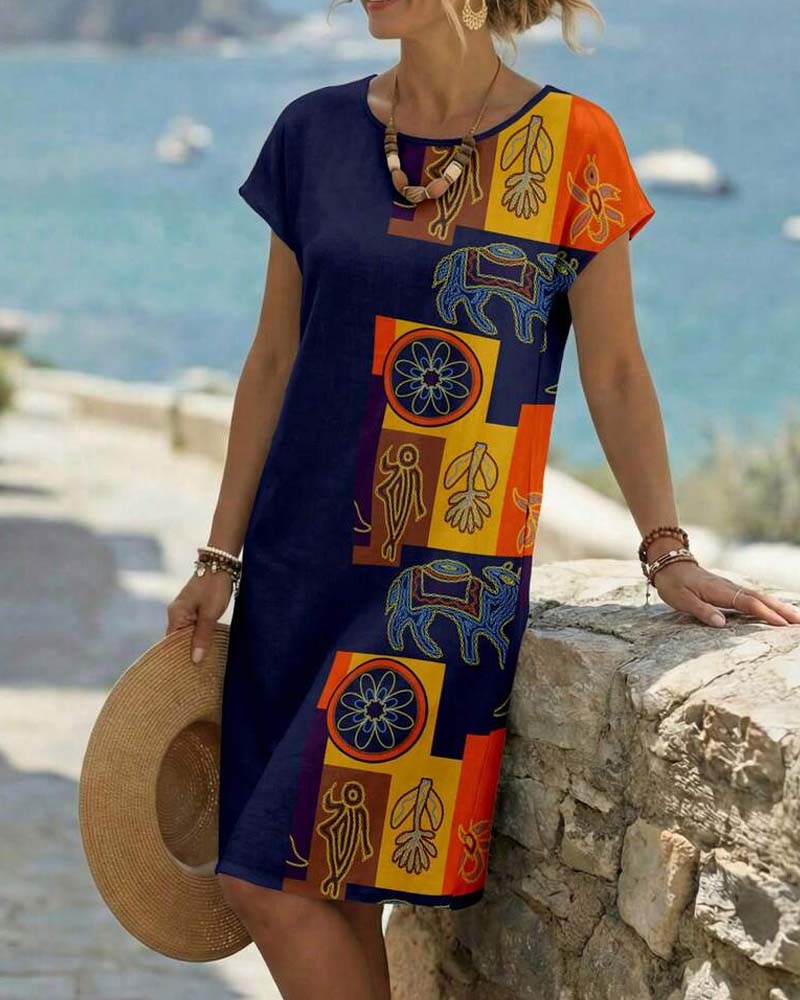 Robes Ethnique Imprimé Manches Courtes Droite