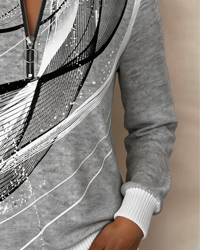 Sweatshirt Col Rond Fermeture Éclair Ligne Manches Longues