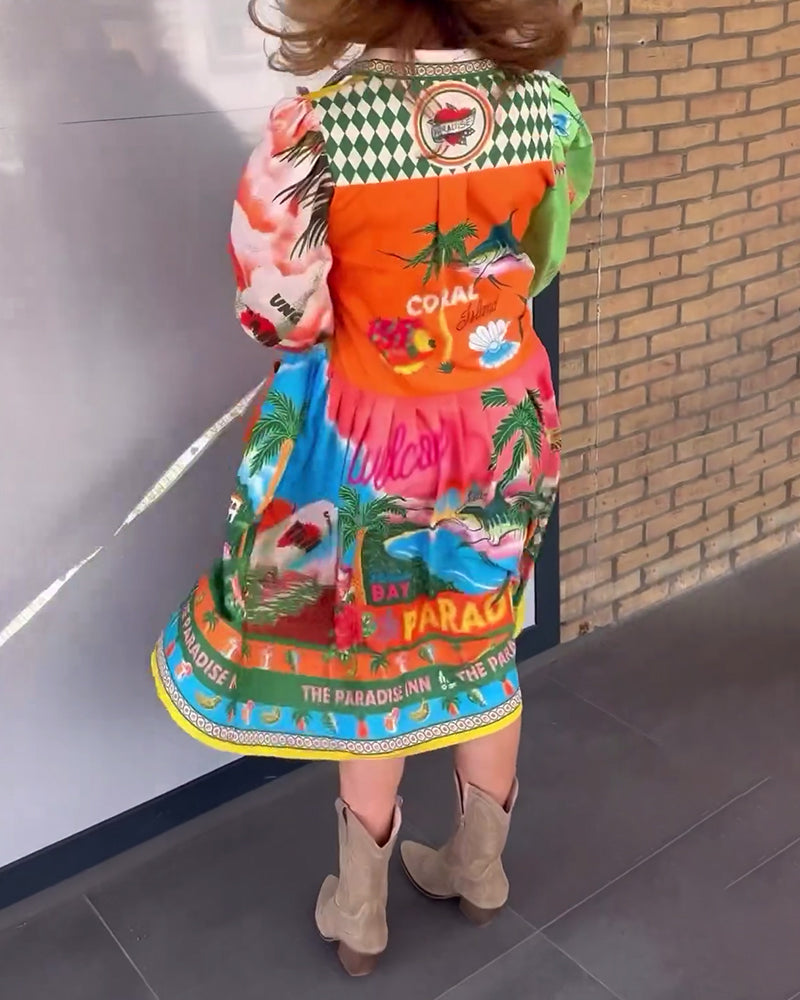 Robe manches longues à revers imprimé coloré