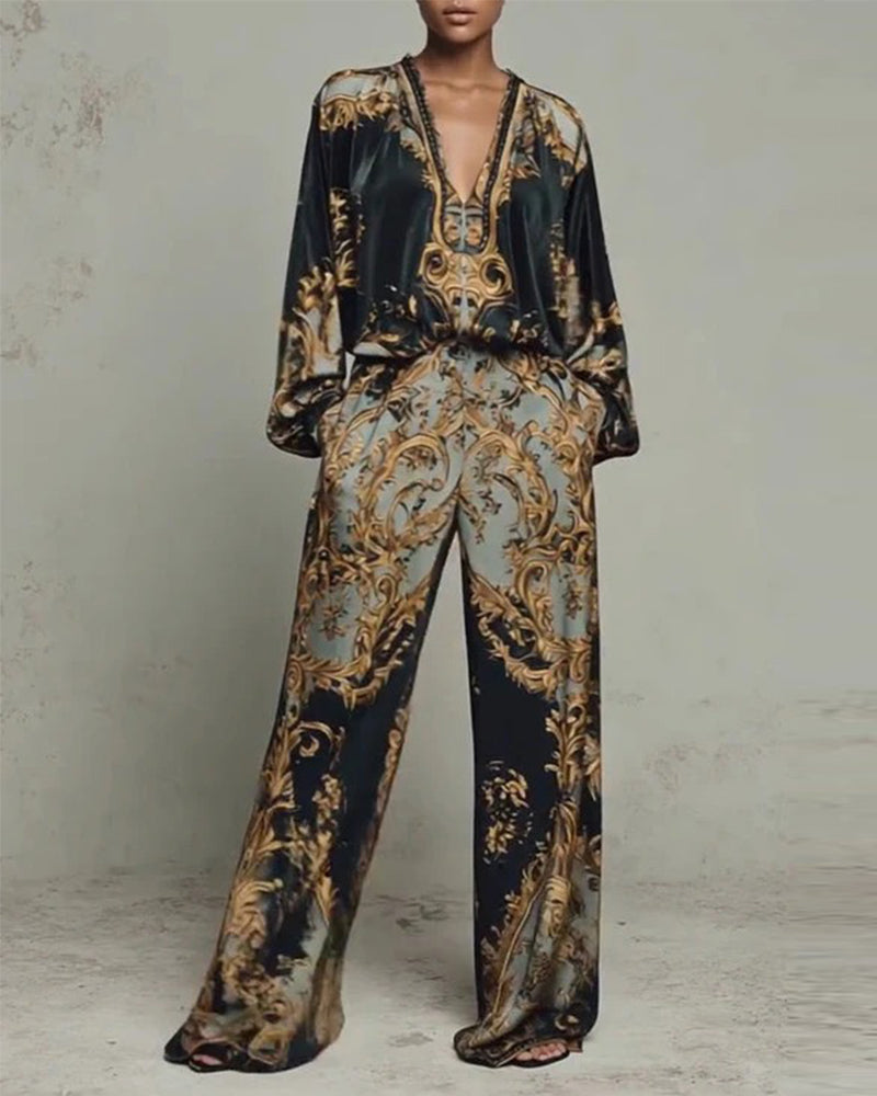 Ensemble Col En V Manche Lanterne Large Jambe Pantalon