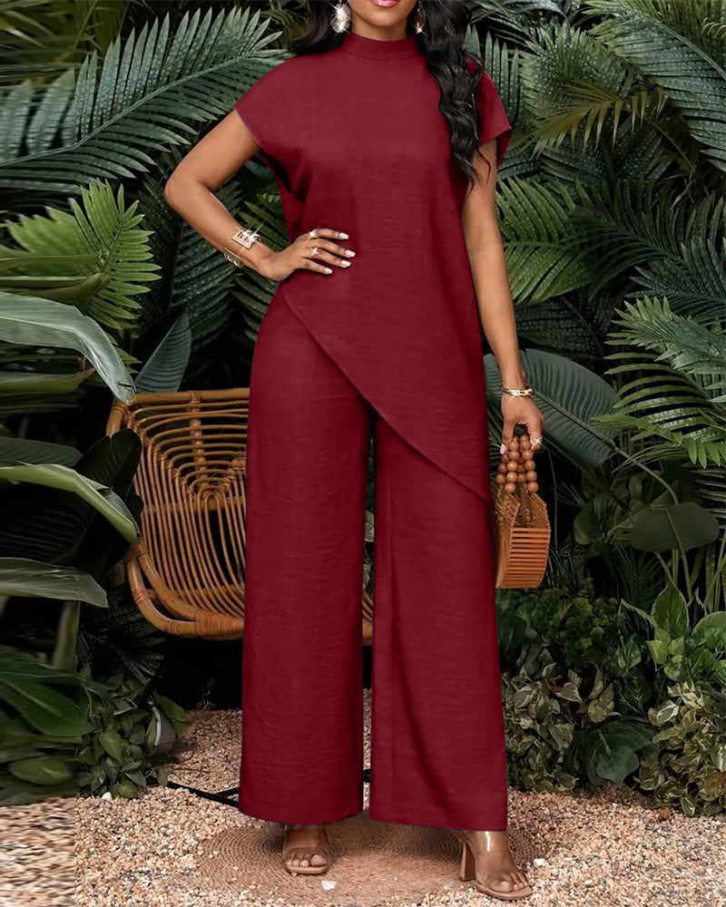 Set Col Haut Asymétrique Épaule Tombante Jambe Large