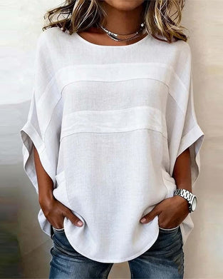 Chemisier 100% Coton Manches Chauve-Souris Coupe Lâche Col Rond