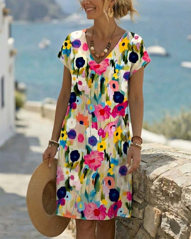 Robe Peinture À L'huile Imprimé Floral Manches Courtes