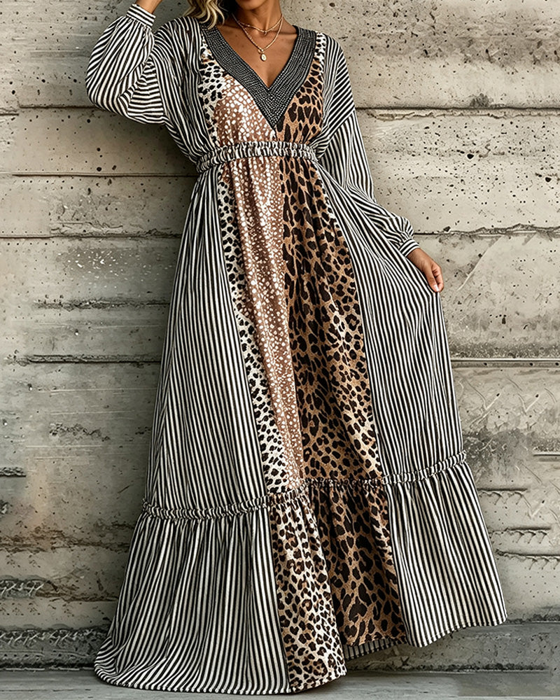 Robe Col V Rayé Imprimé Léopard Patchwork
