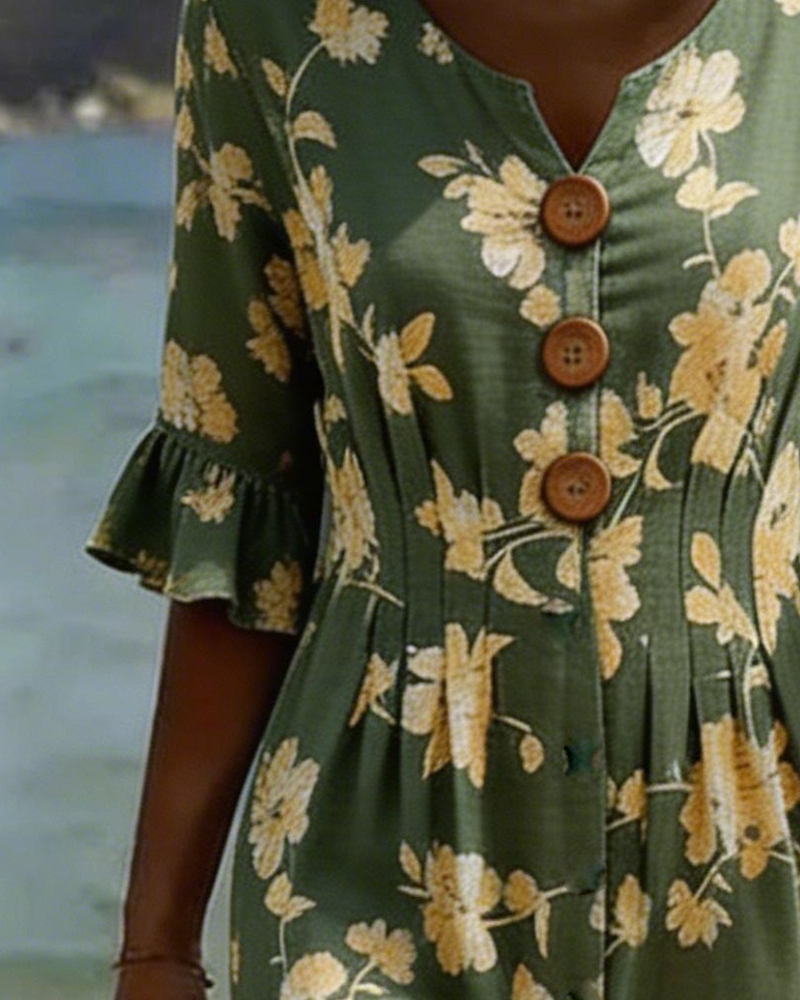 Robe Col V Boutonnage Fleuri