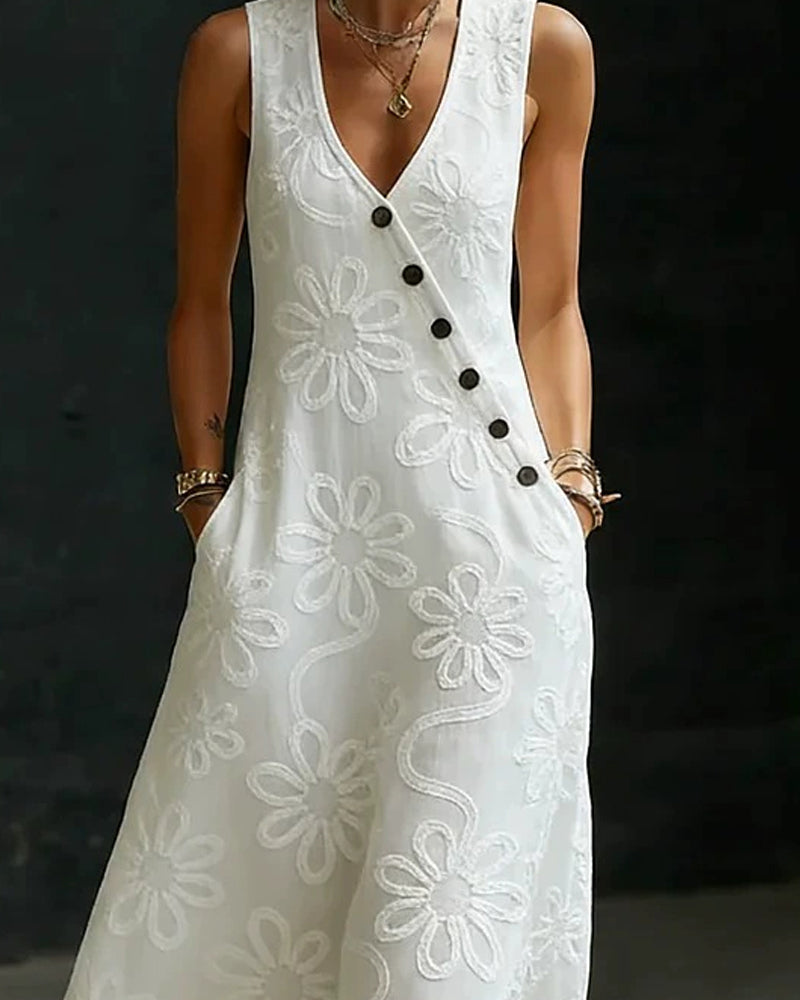 Robe Longue Col En V Motif Floral Bouton Diagonal
