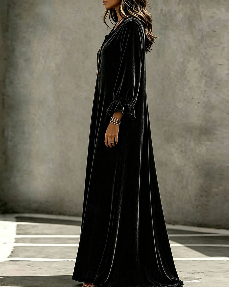 Robe Col En V Bordure Volantée Manches Longues Velours