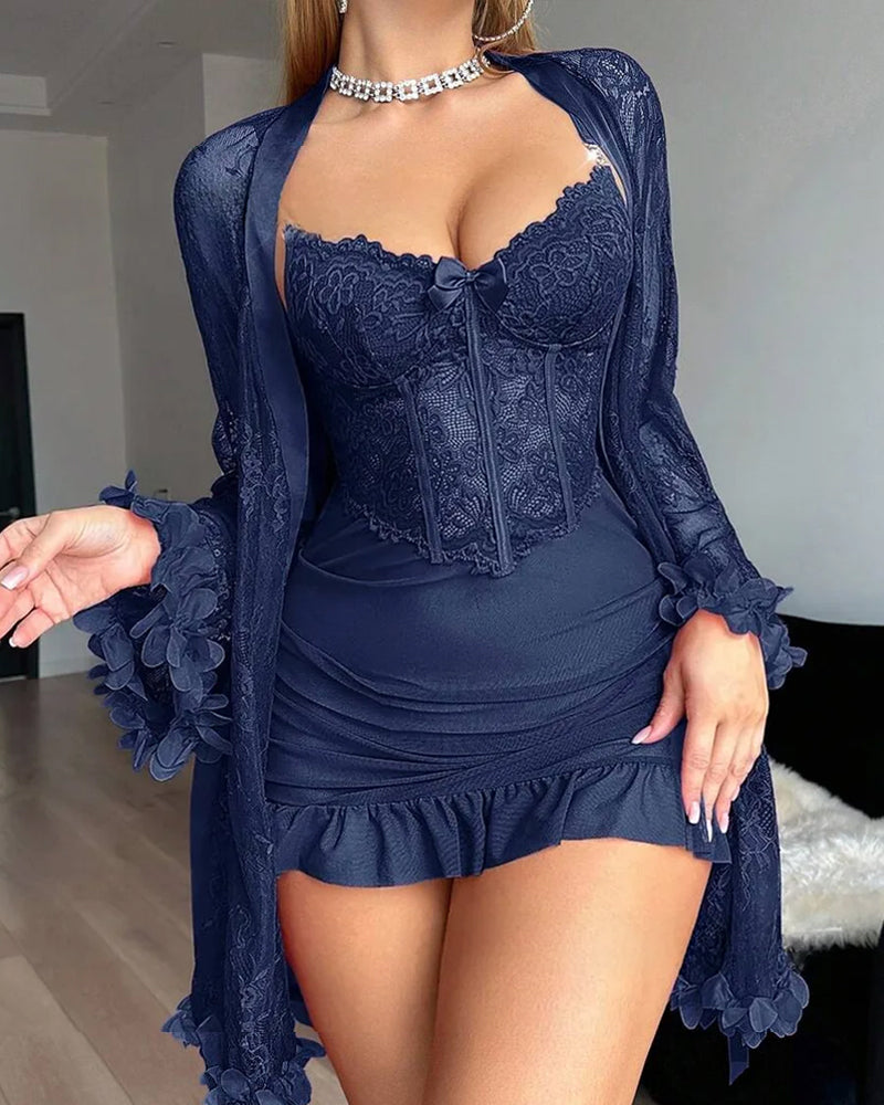 Robe Dentelle Cache-Cœur Bretelles Spaghetti Bordure Dentelle Pyjama