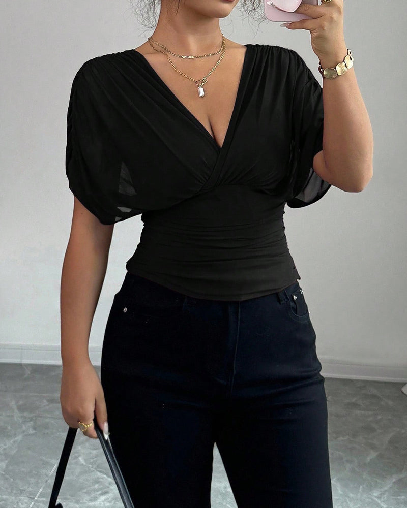 Blouse Unie Profond Col En V Taille Manches Courtes