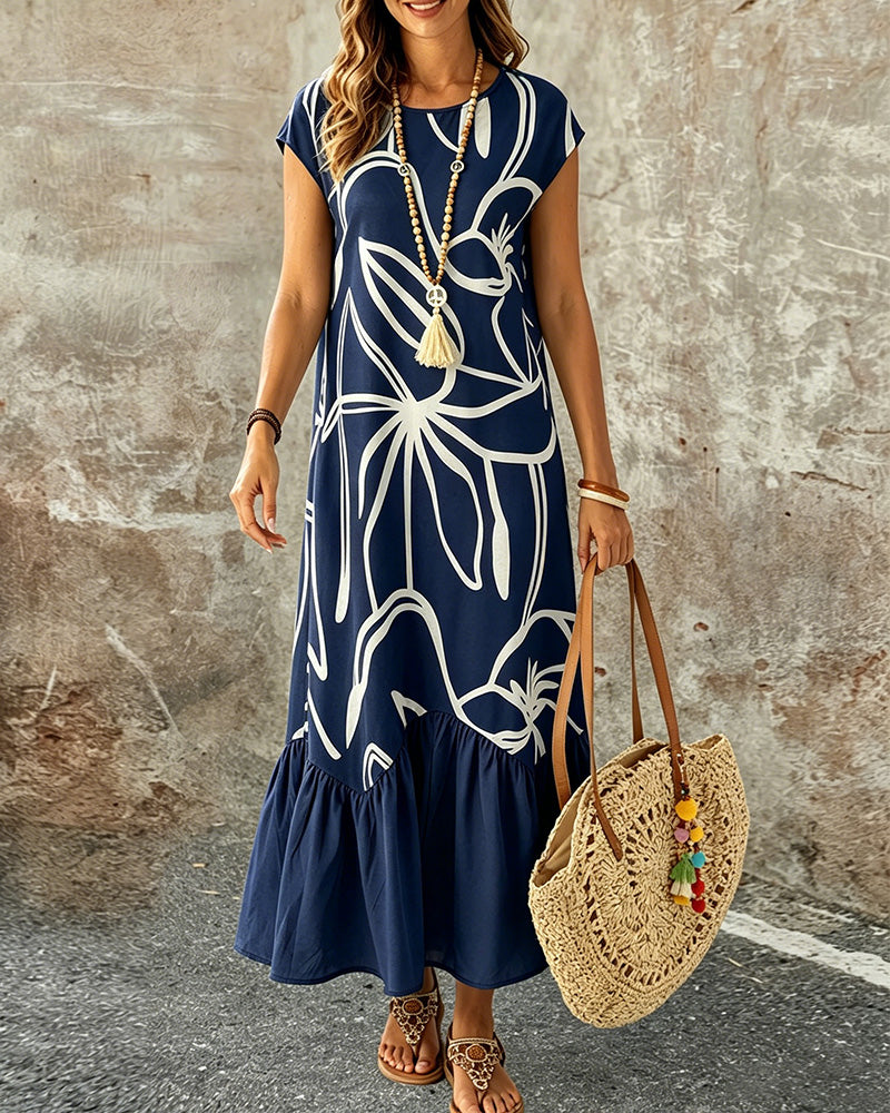 Robe Col Rond Géométrique Imprimé A-Ligne