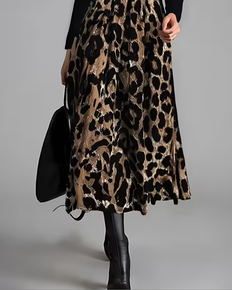 Robe Col Rond Léopard Jupe Ample