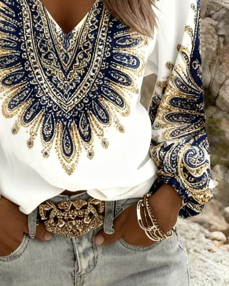 Haut À Col V Et Imprimé Rétro