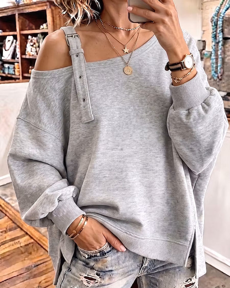 Sweatshirt Épaule Dégagée Bretelle Fente Coupe Lâche