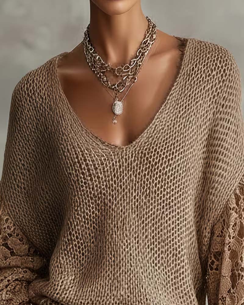 Pullover Dentelle Découpe Patchwork Manche Lanterne