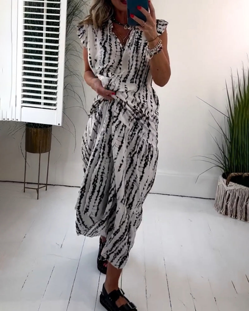 Robe à col en V imprimée à manches volantes